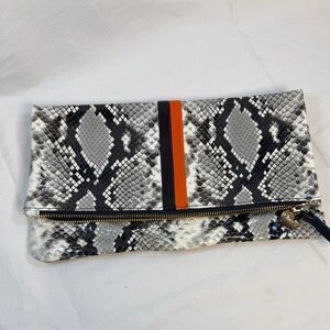 Claire V Python Snake Print Fold over Clutch with Orange Strip Accent